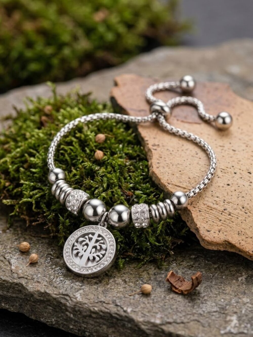 Tree of Life Bolo Bracelet Silver Tone CZ Pave Adjustable Mystical Up To 8"